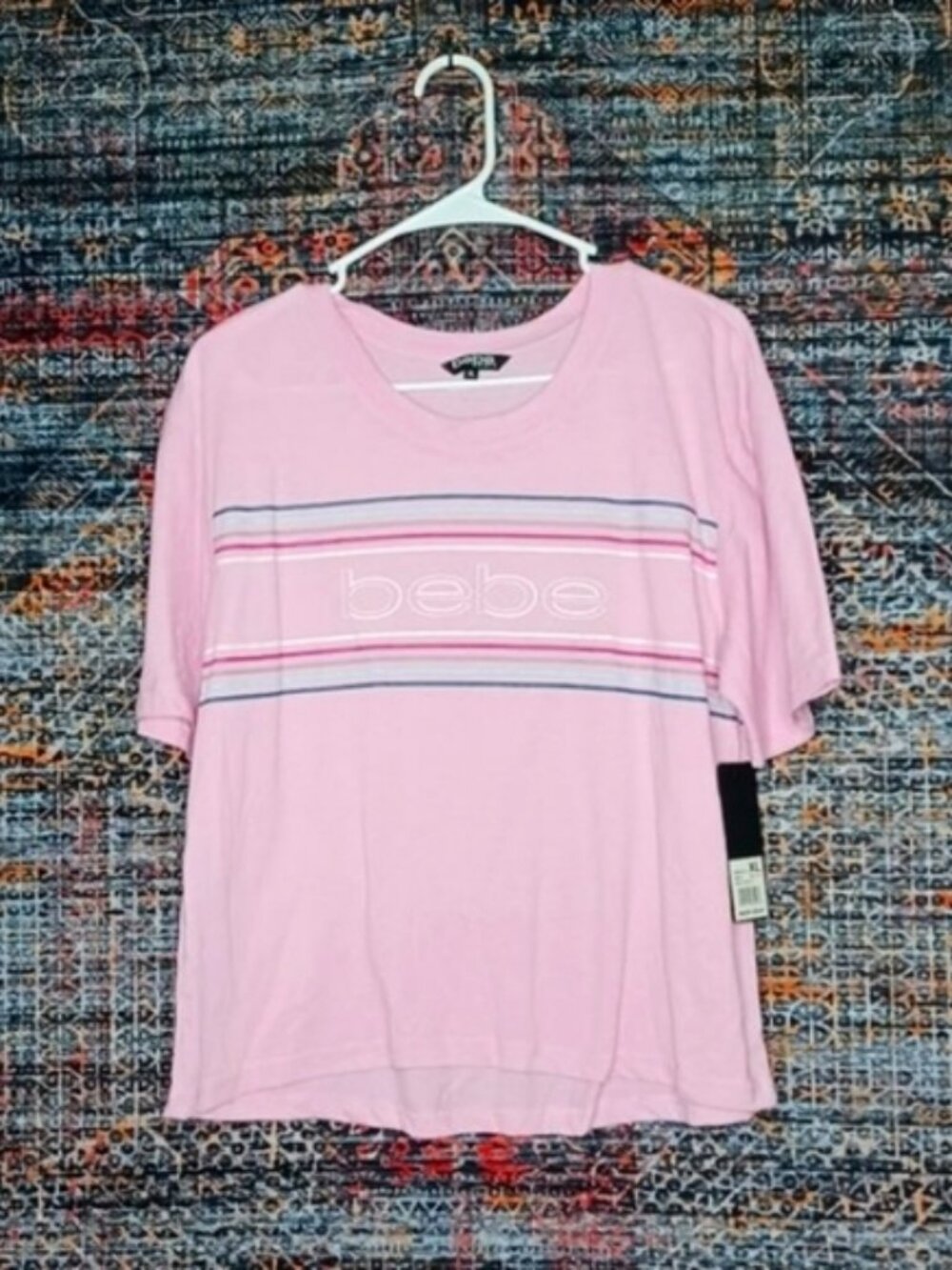 bebe sport womens pink stripe logo boxy tee XL NWT